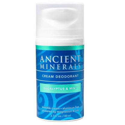 Ancient Minerals Deodorant Cream, Aluminum-Free, Eucalyptus & Mint, 2oz | Magnesium, zinc & vitamin E. Vegan, 24-hour odor protection, Eucalyptus & Mint scent. 2 oz.
