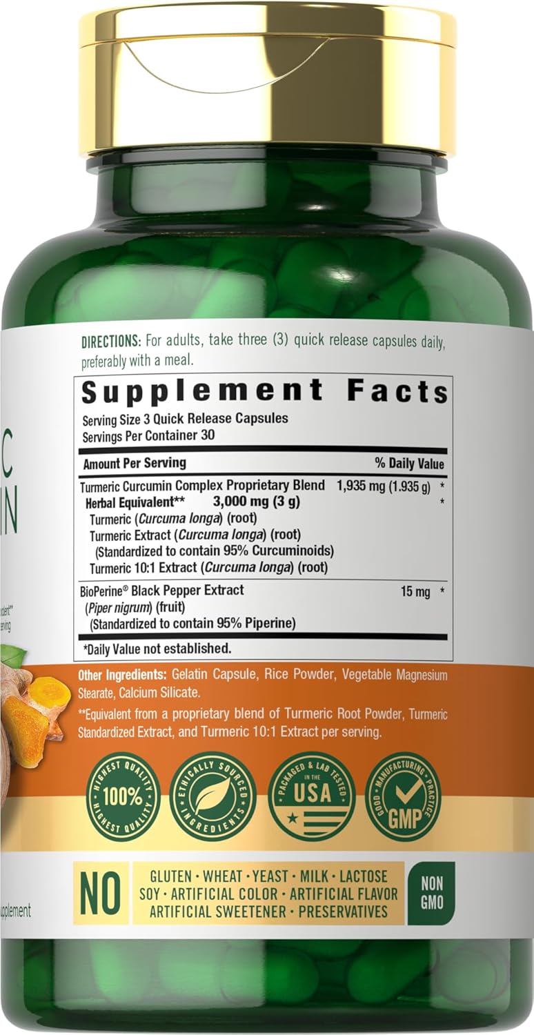Carlyle Turmeric Curcumin with Black Pepper | 90 Powder Capsules | Complex Supplement with Bioperine | Non-GMO, Gluten Free