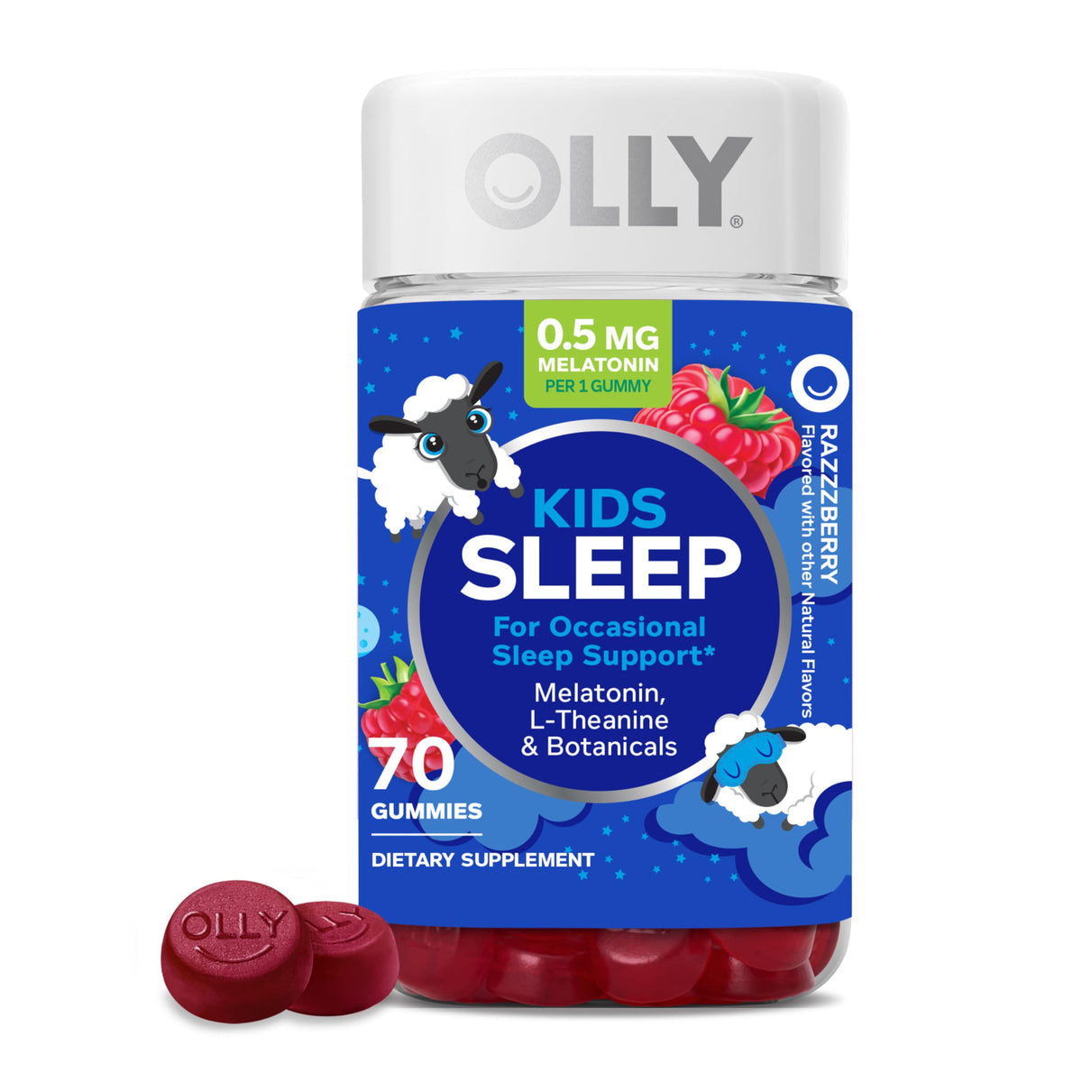 OLLY Kids Sleep Gummies, 0.5mg Melatonin, L Theanine, Chamomile, and Lemon Balm, Raspberry - 70 Count