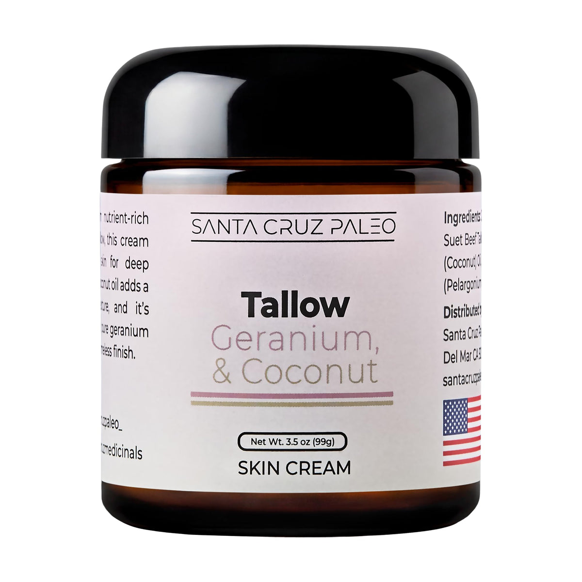 Santa Cruz Paleo, Suet Beef Tallow & Coconut Moisturizer, Organic, Grassfed Beef Tallow Skin Care, Non-Comedogenic Face & Body Moisturizer for Sensitive Skin, Coconut, 3.5 Oz