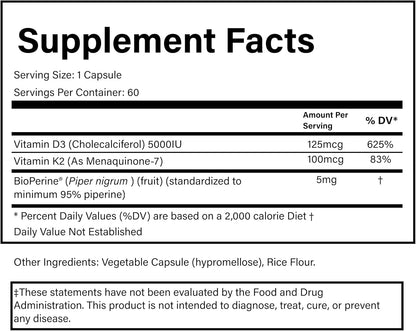 PURE® Vitamin D3 + K2 (MK-7) Supplement - 5000 IU (125mcg) D3 & 100mcg K2-60 Vegetable Capsules - with BioPerine® for Maximum Absorption - Immune, Bone & Heart Health Formula - Made in USA