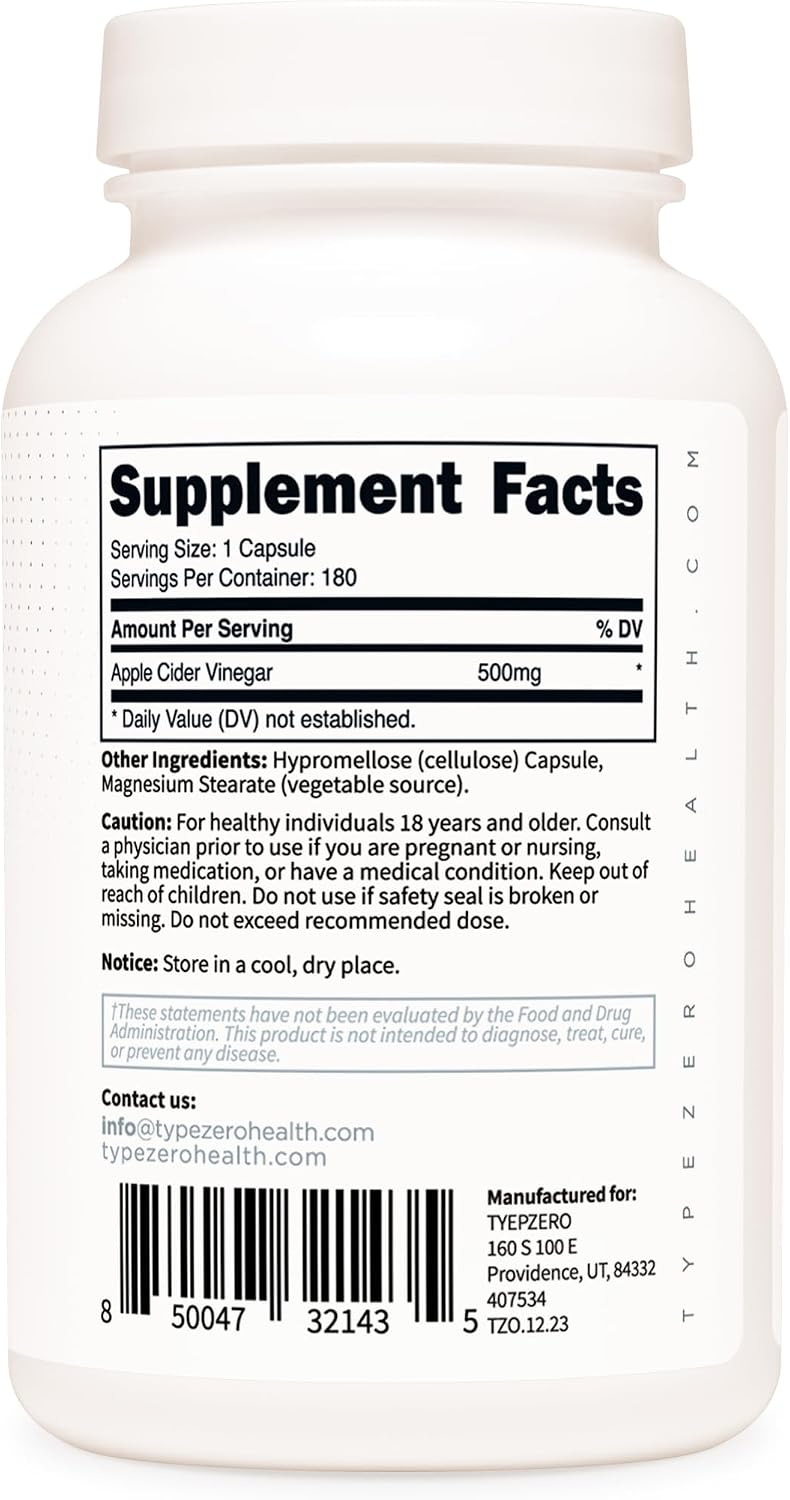 Type Zero Apple Cider Vinegar Capsules (500mg) 180 Capsules, Gluten-Free | GMO-Free Supplement