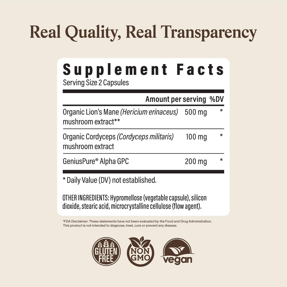 Real Mushrooms Lions Mane Mushroom Cognition (120 Capsules) Lions Mane Mushroom Powder Extract Capsules | Brain Supplement, Brain Vitamins, Focus Supplement