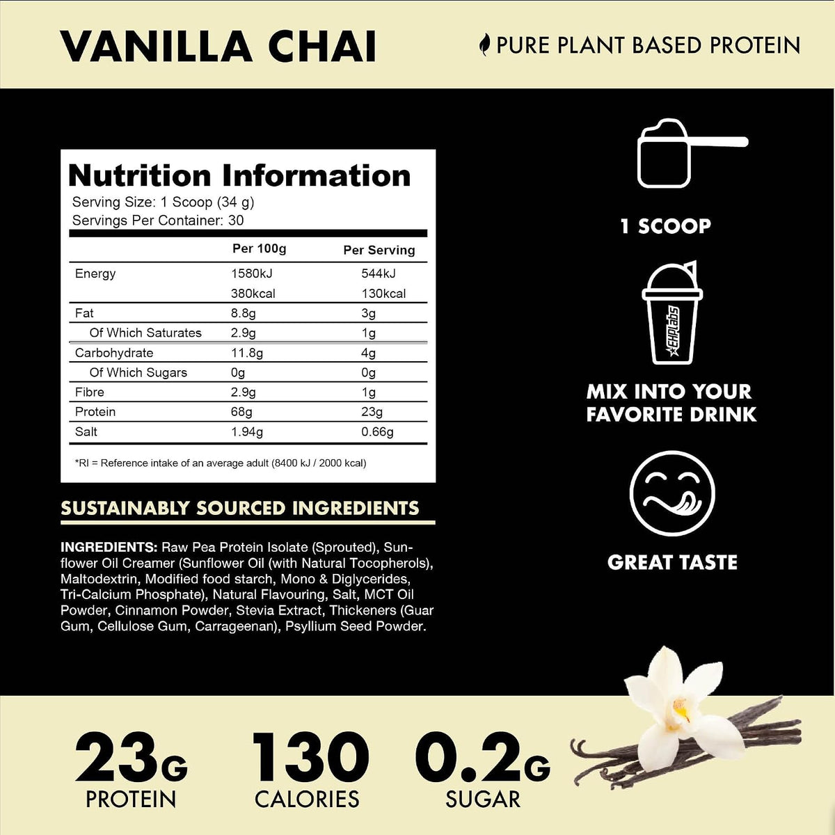 Blessed Vegan Protein Powder - Plant Based Protein Powder Meal Replacement Protein Shake, 23g of Pea Protein Powder, Dairy Free, Gluten Free, Soy Free, No Sugar Added, 30 Servings (Vanilla Chai)