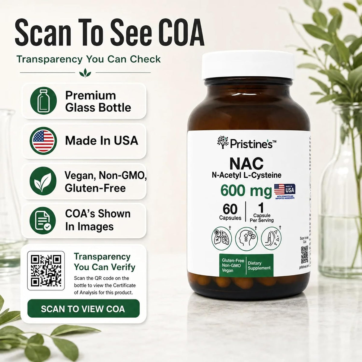 PRISTINE'S NAC 600mg N-Acetyl Cysteine Capsules, Glutathione Support | Glutathione support in a simple NAC capsule routine. Antioxidant support, 60 day supply, vegan, non-GMO, gluten-free