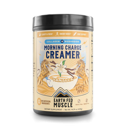 Earth Fed Muscle Vanilla Protein Coffee Creamer Powder, 24 Servings | Collagen Peptides, Lion's Mane, Coconut Milk, Non-Dairy, Morning Charge - Focus + Joint Support