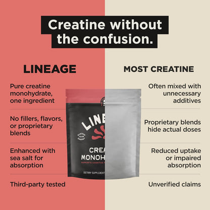 Lineage Provisions Creatine Monohydrate with Sea Salt, 90 Servings | Micronized creatine powder for training & performance with no artificial ingredients.