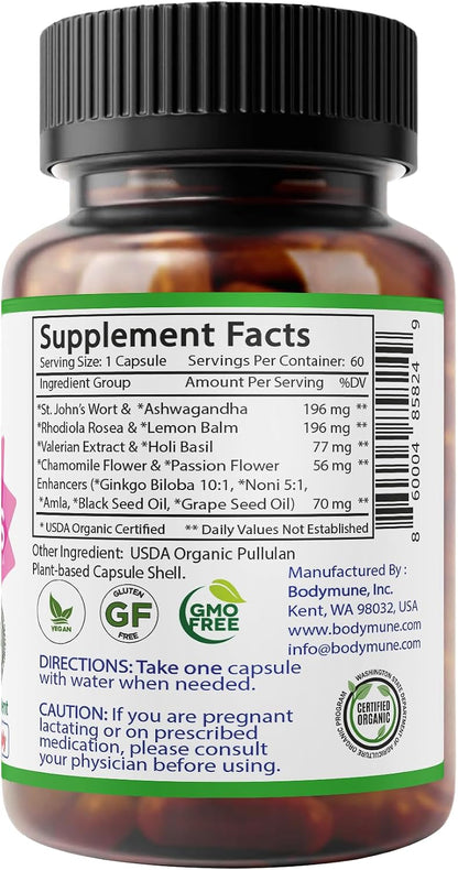 Bodymune Organic MoodBliss | Supports a Calm, Relaxed & Positive Mood* | with Ashwagandha, St. John's Wort & Lemon Balm | USDA Organic, USA-Made, Non-GMO, Gluten-Free - 60 cts.