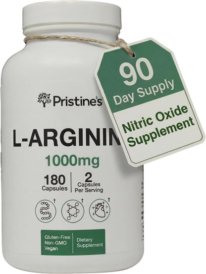PRISTINE'S L-Arginine 1000mg Capsules, Nitric Oxide Blood Flow Support | Pre-workout amino acid support for blood flow and nitric oxide production. 90 day supply, vegan, non-GMO, gluten-free