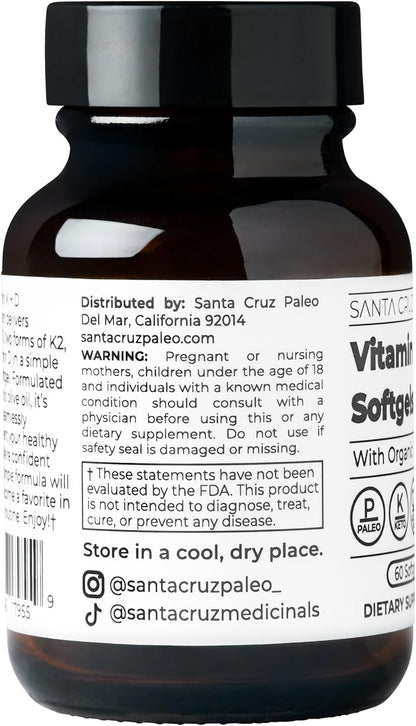 Santa Cruz Paleo Vitamin K2 + D3 Softgels, Daily Supplement with Organic Olive Oil, Includes Vitamin K1 & Two Forms of K2, Supports Heart & Bone Health, Gluten Free, Sugar Free, Paleo, Keto, 60 Count