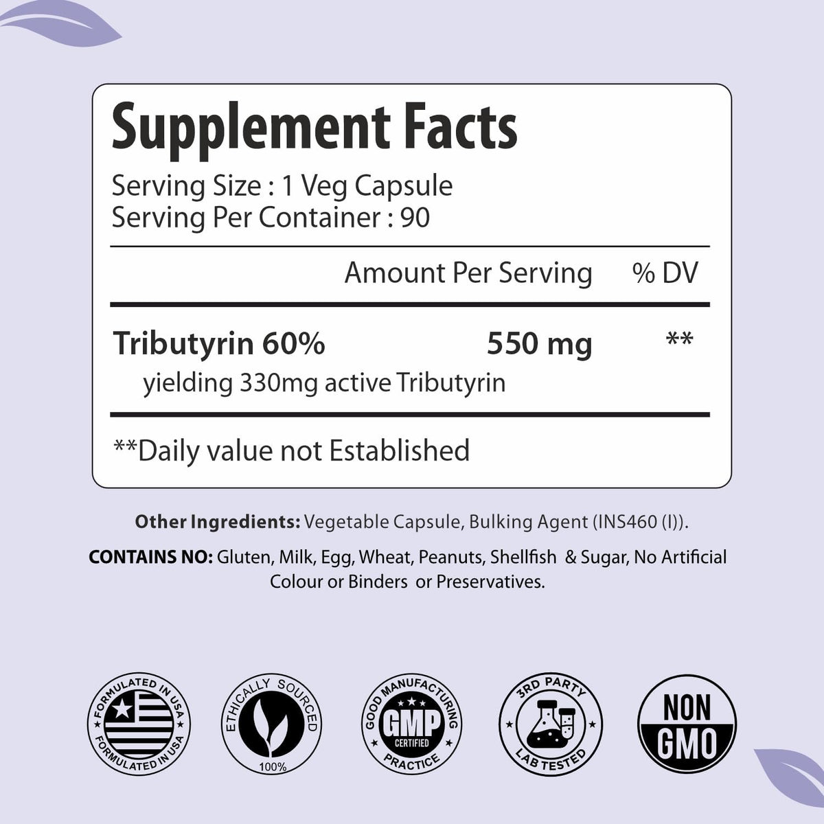 Tributyrin Supplement 550mg, Advanced Butyrate Form for Gut Health, 60% Standardized, More Effective Delivery Than Sodium Butyrate, 90 Capsules, Non-GMO & Gluten Free Postbiotic Supplement