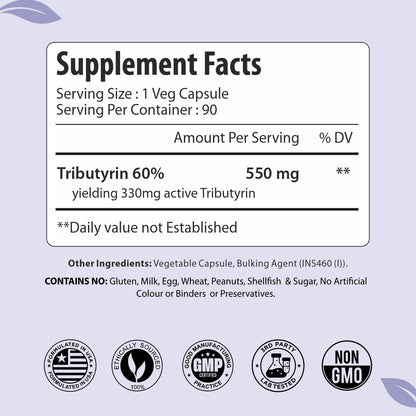 Tributyrin Supplement 550mg, Advanced Butyrate Form for Gut Health, 60% Standardized, More Effective Delivery Than Sodium Butyrate, 90 Capsules, Non-GMO & Gluten Free Postbiotic Supplement
