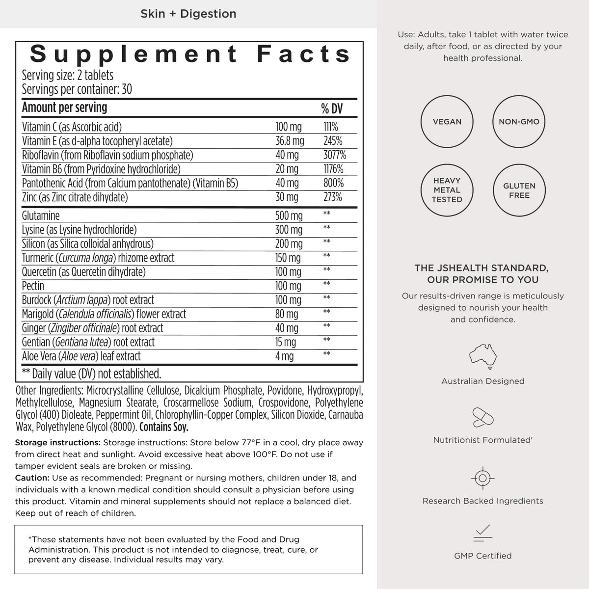 JSHealth Skin & Digestion Formula Supports Healthy Skin & Digestive Comfort | Clear Skin Supplement with Zinc, Burdock, Turmeric. Supports Healthy Skin and Digestive Comfort. Vegan (60 Tablets)