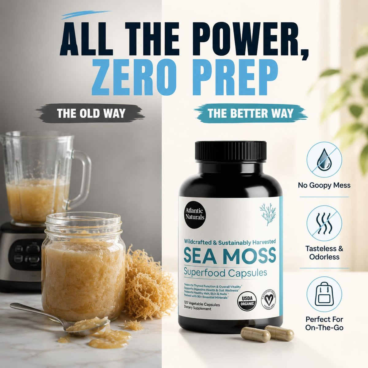 Superfood Organic Irish Sea Moss Capsules - 120 Veggie Capsules | Wildcrafted Organic Sea Moss Supplement for Men & Women | Better Than Sea Moss Gel | Support Immunity & Skin, 1000mg