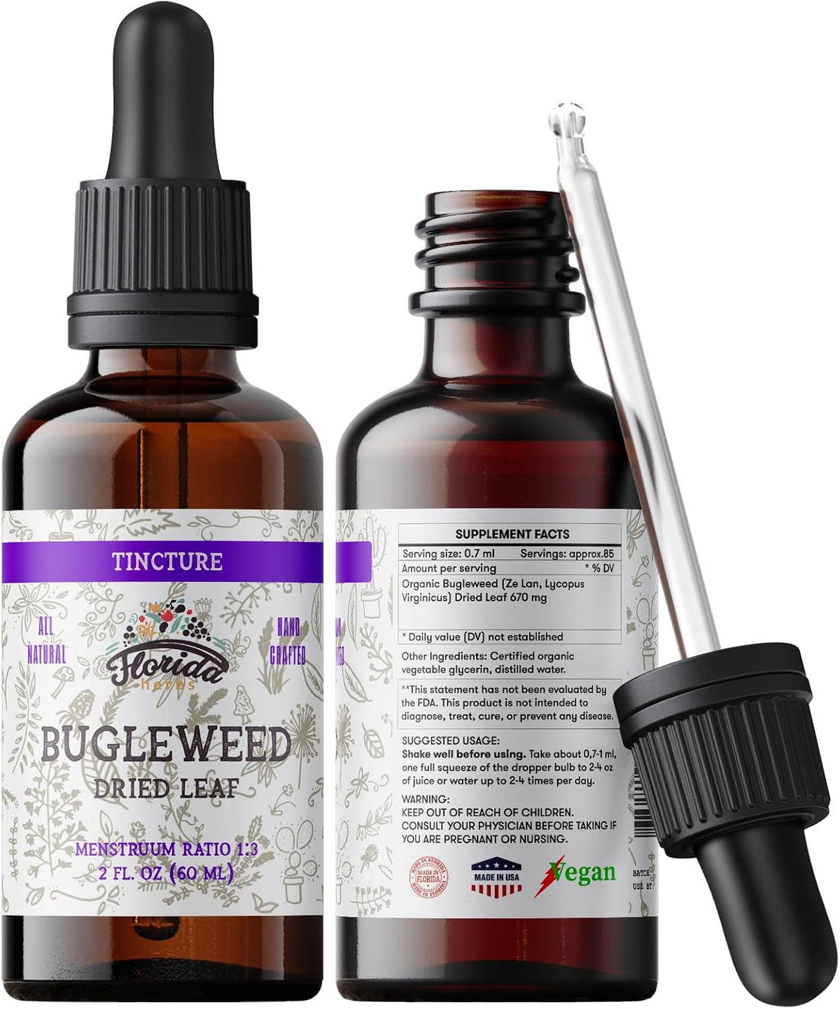 Bugleweed Tincture, Organic Bugleweed Extract (Ze LAN, Lycopus Virginicus) Herbal Supplement, Non-GMO in Cold-Pressed Organic Vegetable Glycerin 700 mg, 2 oz (60 ml)