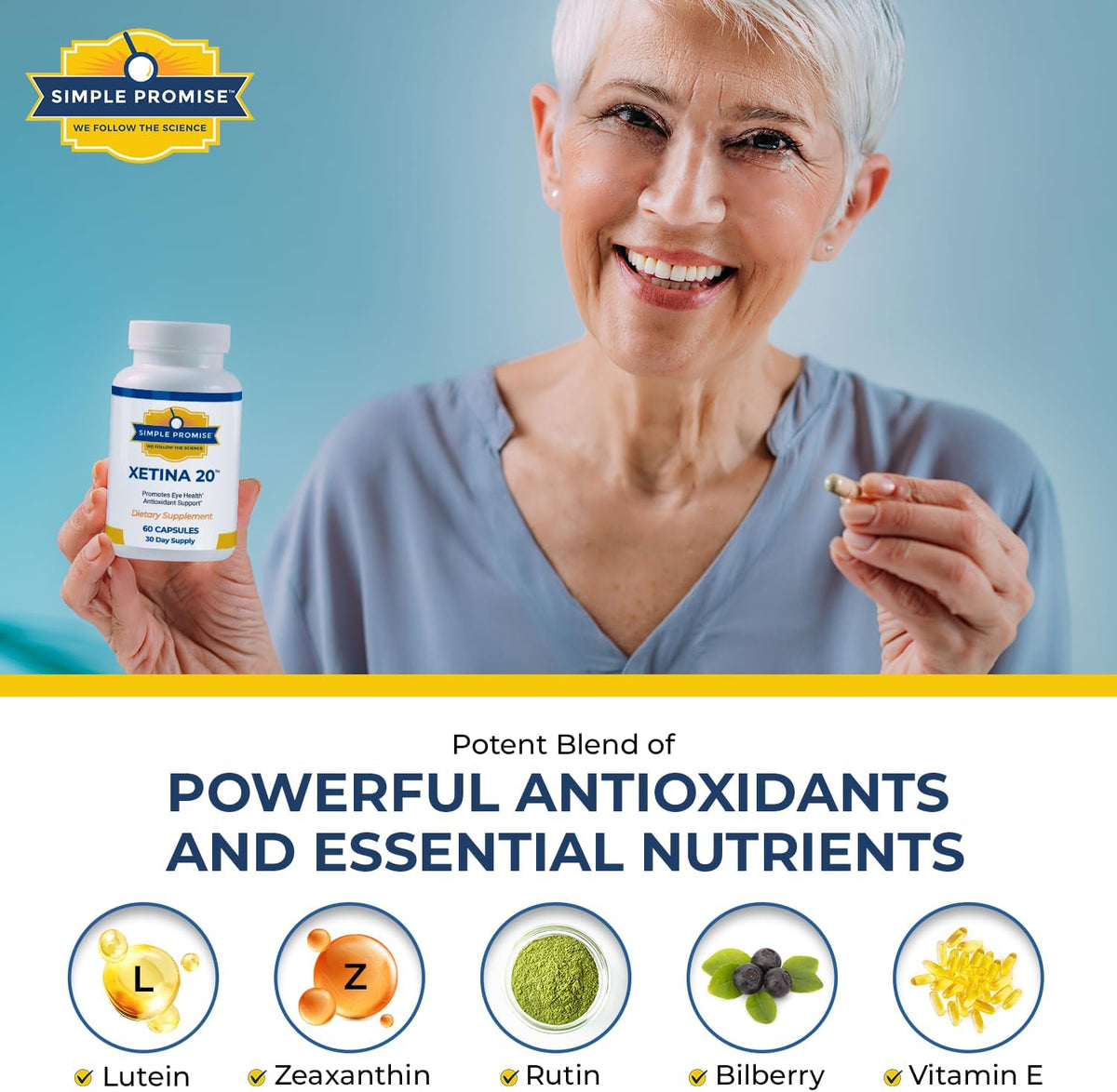 Xetina 20 - Lutein and Zeaxanthin Eye Vitamins - Adults and Seniors Care | Eye Nutrient Complex, Daily Vision Support, Bilberry and Grape Seed, Simple Once-Daily Routine, Non-GMO