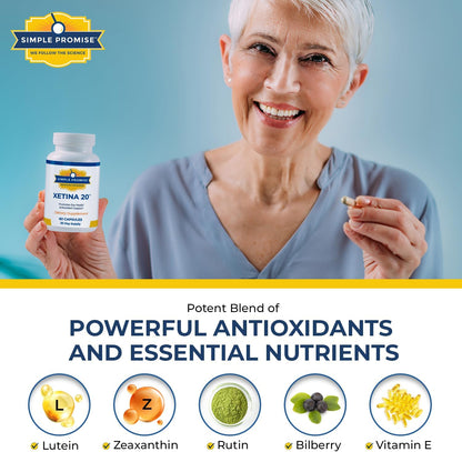 Xetina 20 - Lutein and Zeaxanthin Eye Vitamins - Adults and Seniors Care | Eye Nutrient Complex, Daily Vision Support, Bilberry and Grape Seed, Simple Once-Daily Routine, Non-GMO