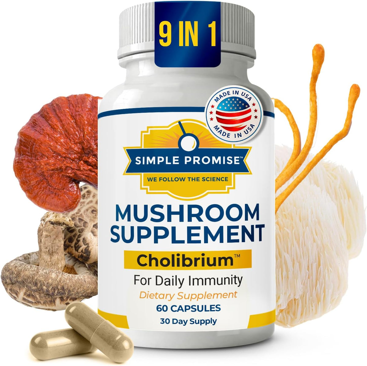 Cholibrium - 9-in-1 Mushroom Complex for Immunity - Lion's Mane and Reishi | 9-Mushroom Complex, Immune and Focus Support, Cordyceps and Shiitake, Simple 2-Capsule Routine, Vegan, 1,330mg