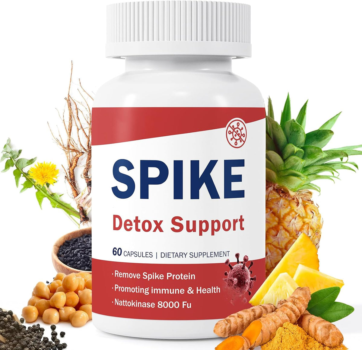 Spike Detox Support – Turmeric Circulation Blend with Nattokinase 8000 FU (400 mg), Bromelain 500 mg & Curcumin 500 mg – 60 Capsules