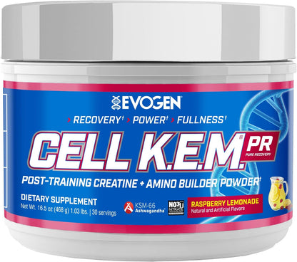 Evogen Cell K.E.M. PR Creatine | Raspberry Lemonade | 30 Servings | 4:1:1 BCAA ratio with added EAAs, NO3-T nitrate and KSM-66 ashwagandha for blood flow, recovery and muscle fullness