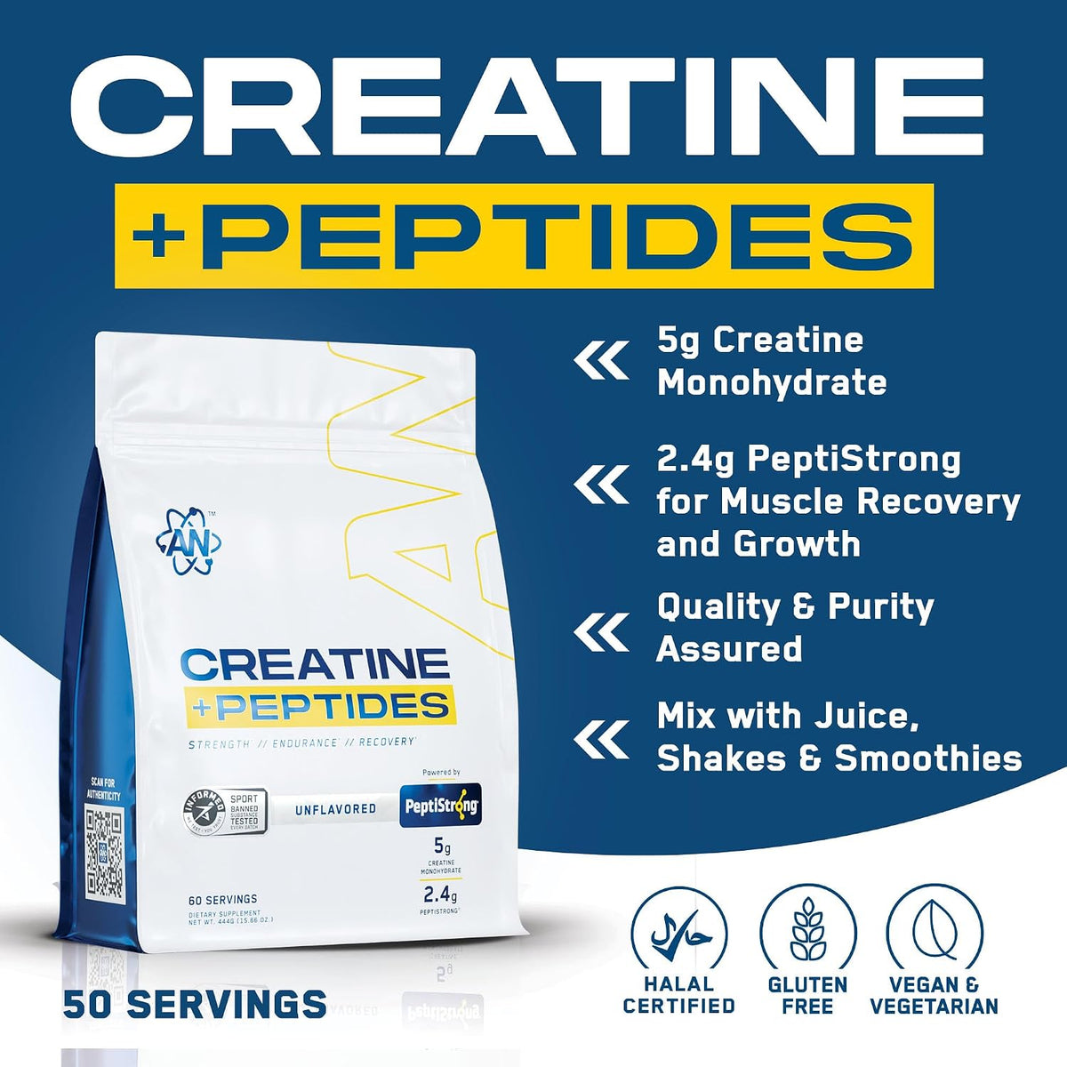 an Performance Creatine Monohydrate + Peptide | Micronized Powder | 5g Creatine, 2.4g PeptiStrong | Vegan, Gluten-Free, Non-GMO | Workout Supplement for Men & Women | Unflavored | 60 Servings