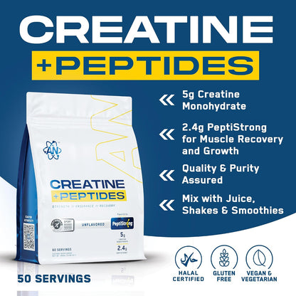 an Performance Creatine Monohydrate + Peptide | Micronized Powder | 5g Creatine, 2.4g PeptiStrong | Vegan, Gluten-Free, Non-GMO | Workout Supplement for Men & Women | Unflavored | 60 Servings