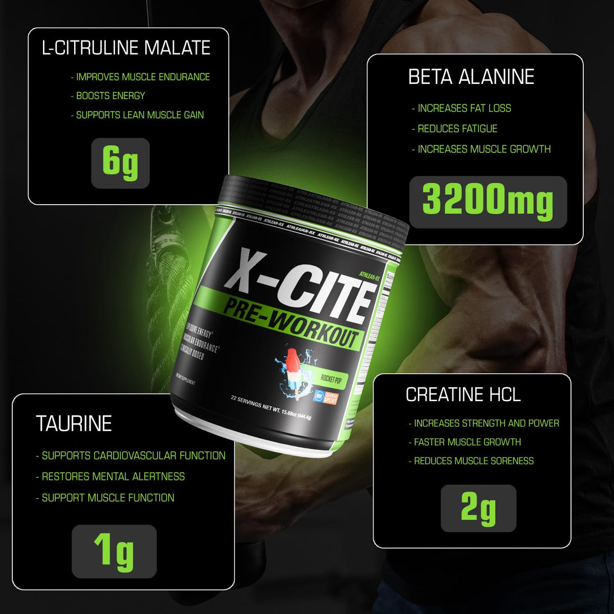 X-CITE Pre-Workout by ATHLEAN-X - Enhanced Formula with Beta-Alanine, Creatine & Caffeine for Ultimate Energy, Endurance, Focus & Muscle Pump, NSF Certified for Sports (Cherry Lemon Ice)