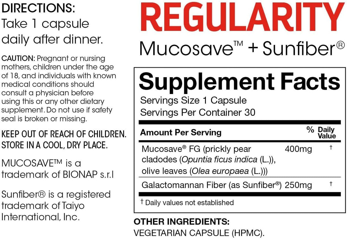 Silver Fern Regularity Digestive Supplement Capsules Brand | 1 Bottle = 30 Capsules = 30 Day Supply - Mucosave FG (Prickly Pear Polysaccharides & Olive Leaf Polyphenols) & SunFiber