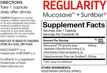 Silver Fern Regularity Digestive Supplement Capsules Brand | 1 Bottle = 30 Capsules = 30 Day Supply - Mucosave FG (Prickly Pear Polysaccharides & Olive Leaf Polyphenols) & SunFiber