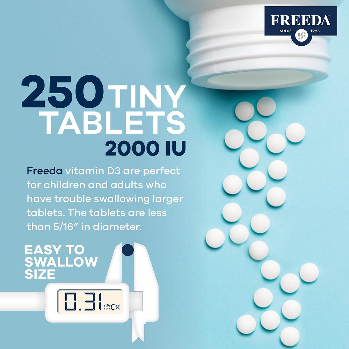 FREEDA Pure Vitamin D3 2000 IU Supplement – 250 Tiny Tablets | Moderate Strength Vitamin D3 Supplement - 50 mcg (2,000 IU) Supporting Bone, Joint, Muscle, and Immune Health for Women & Men