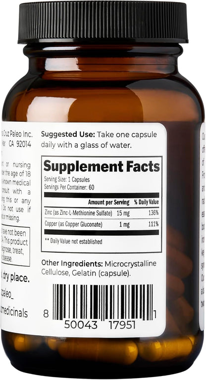 Santa Cruz Paleo, Zinc & Copper Mineral Supplement, High Absorption Formula, Zinc Supplement for Skin & Hair, L Methionine, Copper Gluconate, Trace Minerals, Gluten Free, Keto, Paleo, 60 Capsules