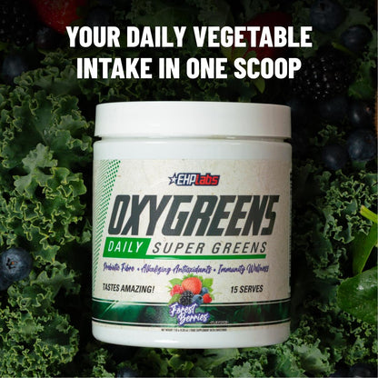 EHP Labs OxyGreens Super Greens Powder with Spirulina & Chlorella, Prebiotic Fiber, Probiotics & Digestive Enzymes – Antioxidant Green Superfood Supplement - 15 Serves (Pineapple)