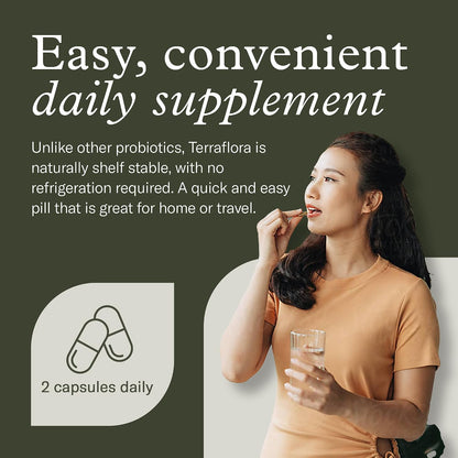 Terraflora Daily Care Synbiotic, Spore Probiotic & Prebiotic, 60 Ct | Soil-based, shelf-stable, allergen-friendly spore probiotics & prebiotics for daily gut health. 60 caps.