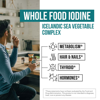 Organic Iodine Supplement from Sea Vegetable Complex, Whole Food & Raw Form - Iodine Plus Trace Mineral Complex – Contains Purest Icelandic Sea Kelp, Irish Moss & Bladderwrack (250 mcg)