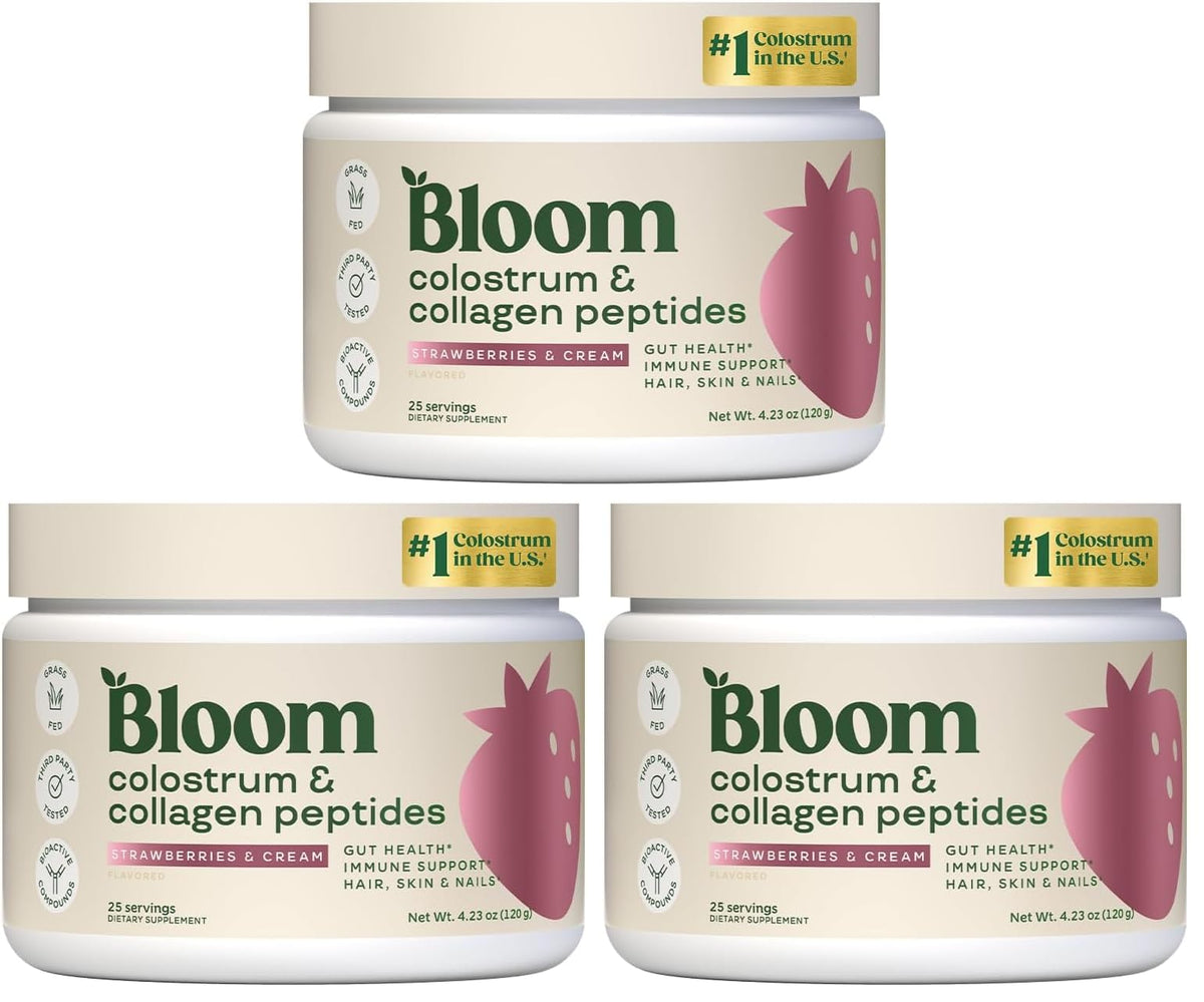 Bloom Nutrition Bovine Colostrum Powder, Strawberries & Cream, 25 Servings | Gut Health, Immune Support, Hair Growth & Beauty Supplement, Gluten Free, Sugar Free