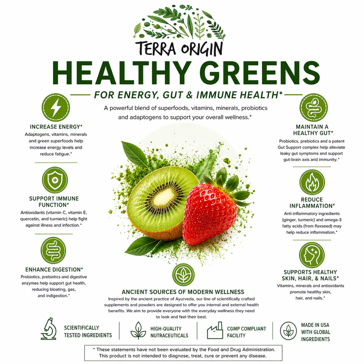 TERRA ORIGIN Greens Superfood Powder | Green Juice Powder with Probiotics & Enzymes | Plant Based Super Greens for Energy, Gut & Immune Support | Vegan, Non-GMO | 30 Servings Tropical Passionfruit