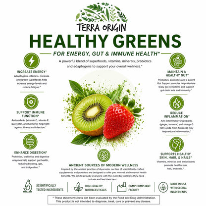 TERRA ORIGIN Greens Superfood Powder | Green Juice Powder with Probiotics & Enzymes | Plant Based Super Greens for Energy, Gut & Immune Support | Vegan, Non-GMO | 30 Servings Tropical Passionfruit