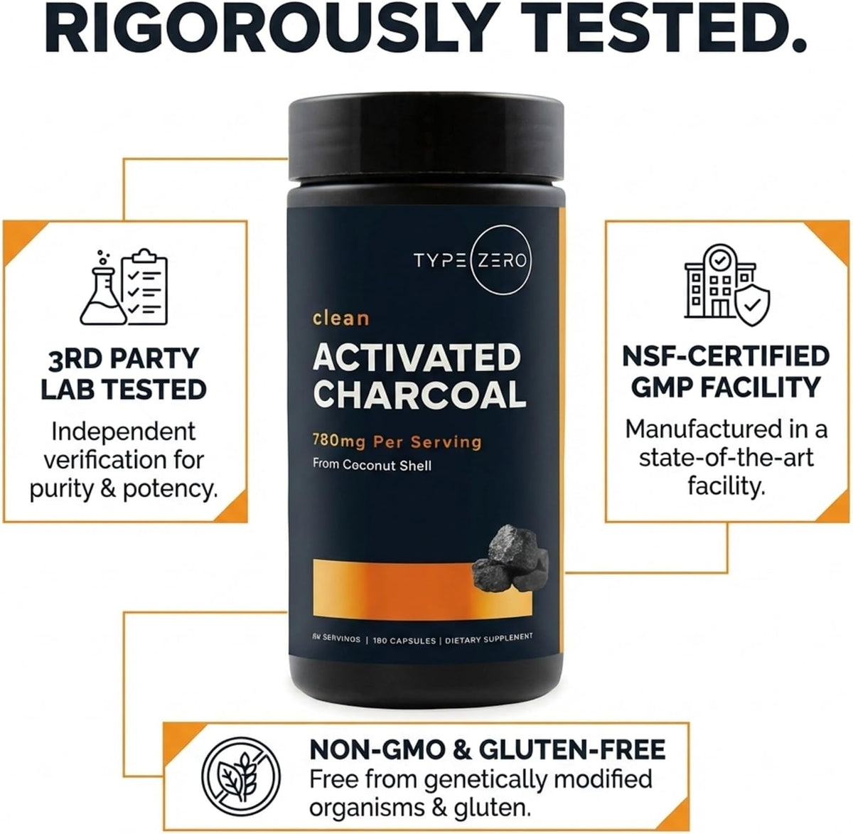 Type Zero Activated Charcoal (780mg) 180 Capsules, 60 Servings, Gluten-Free | From Coconut Shell, GMO-Free