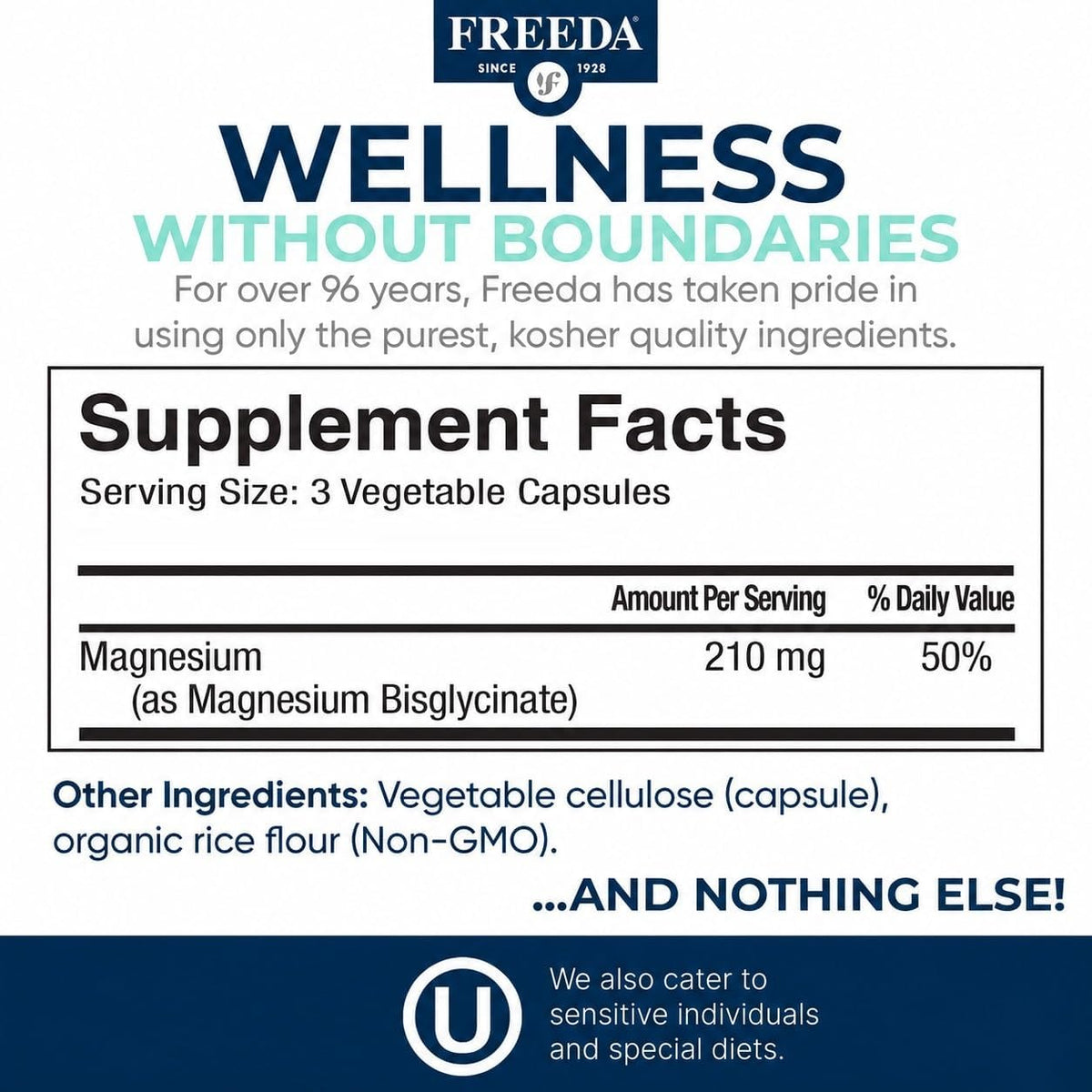 Freeda Magnesium Glycinate - High Absorption Chelated Magnesium - 90 Caps | Supports Sleep, Muscle & Nerve Function - Non-GMO, Vegan, Kosher - Gentle On Digestion - No Magnesium Oxide