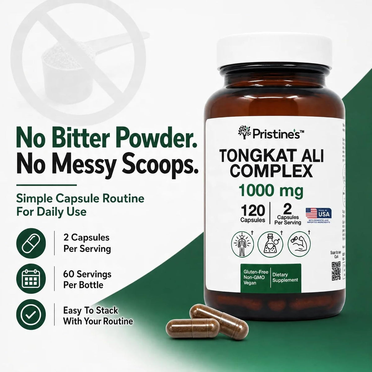 PRISTINE'S Tongkat Ali Complex 1000mg with Tribulus, Vegan, 120 Capsules | Strength, drive and stamina support from a 100:1 root extract blend. Vegan, non-GMO, gluten-free, 120 capsules