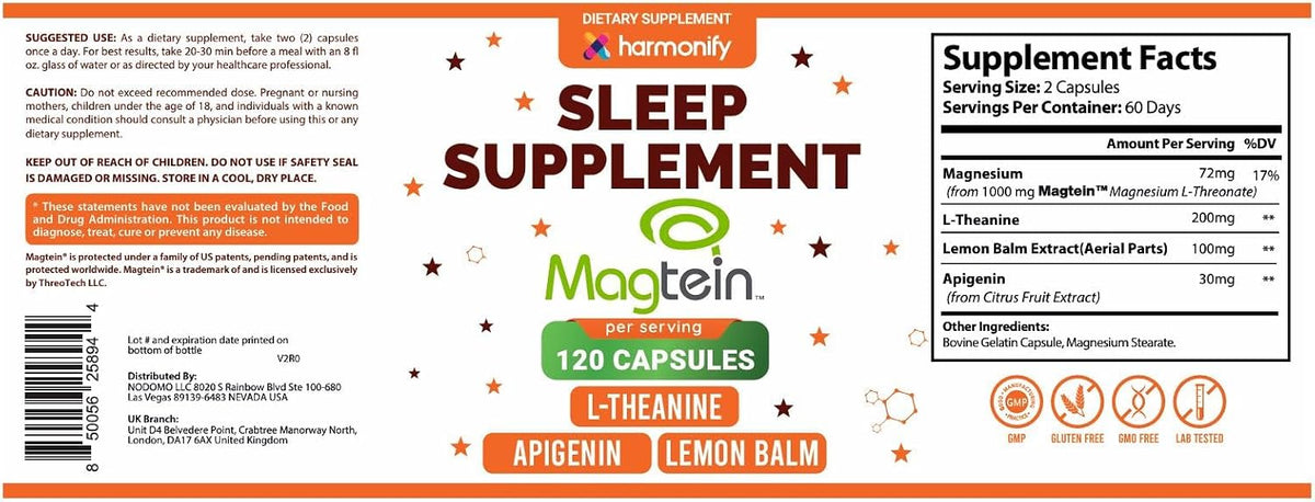 Magtein Magnesium L Threonate Supplement with L Theanine, Lemon Balm and Apigenin, High Absorption 120 Purified Veggie Capsules, 1400 mg, Gluten Free, Non-GMO, Vegetarian