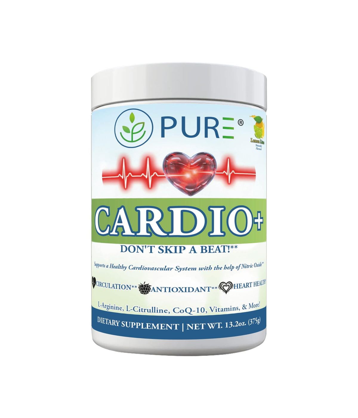 PURE® Cardio+ Nitric Oxide Heart & Circulation Support - 5000mg L-Arginine & 1000mg L-Citrulline - Mango, 30 Servings Powder, 375 Grams - CoQ10 Beet Root - High Potency Cardiovascular Formula