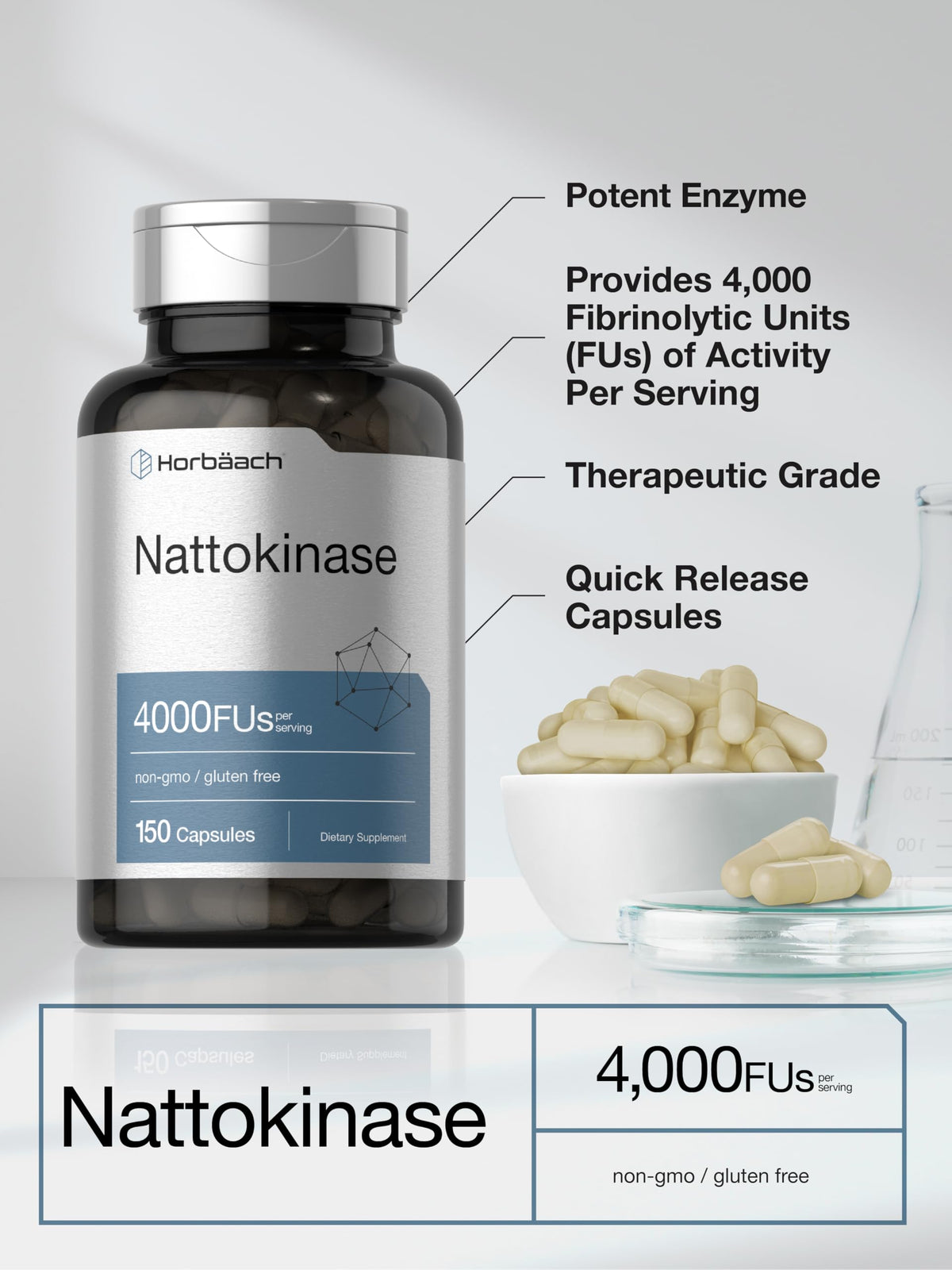 Horbäach Nattokinase Supplement 4000 FU | 150 Capsules | Non-GMO, Gluten Free