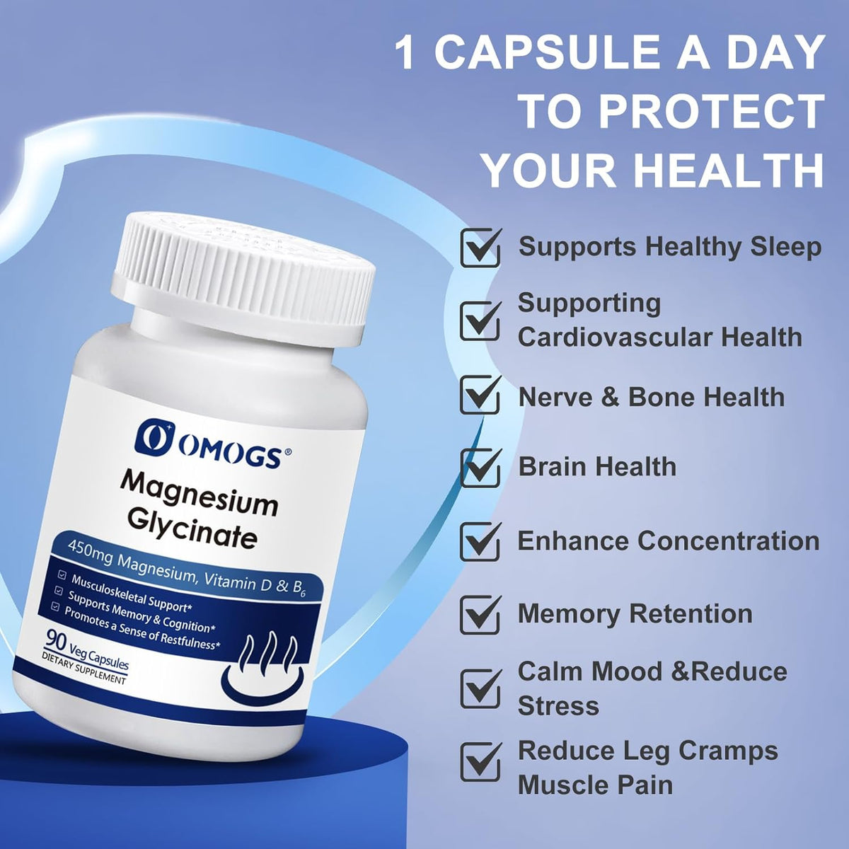 OMOGS High Absorption Magnesium Glycinate, for Supporting Sleep, Muscle Relaxation, Heart Health & Bone Health, Gluten Free, Non-GMO, 90 Vegetarian Capsules