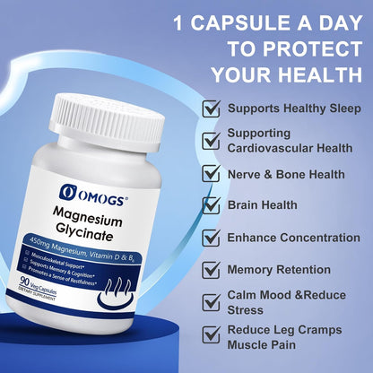 OMOGS High Absorption Magnesium Glycinate, for Supporting Sleep, Muscle Relaxation, Heart Health & Bone Health, Gluten Free, Non-GMO, 90 Vegetarian Capsules
