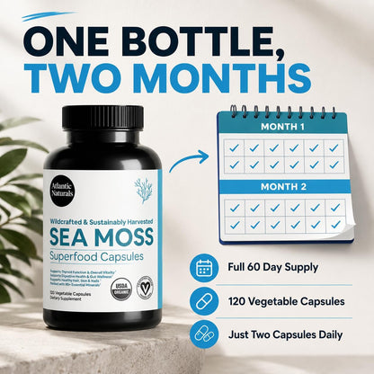 Superfood Organic Irish Sea Moss Capsules - 120 Veggie Capsules | Wildcrafted Organic Sea Moss Supplement for Men & Women | Better Than Sea Moss Gel | Support Immunity & Skin, 1000mg