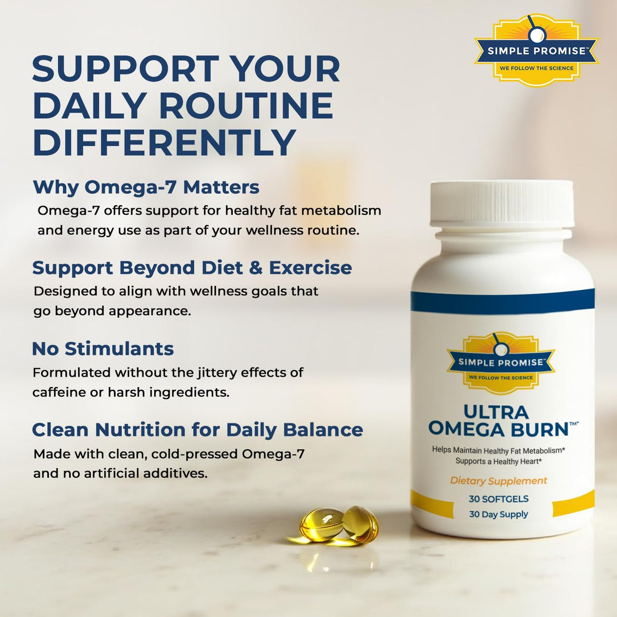 Ultra Omega Burn - Omega-7 Softgels for Women and Men - Palmitoleic Acid | Marine Lipid Softgels, Metabolic Health Support, Palmitoleic Blend, Simple Once-Daily Routine, Non-GMO