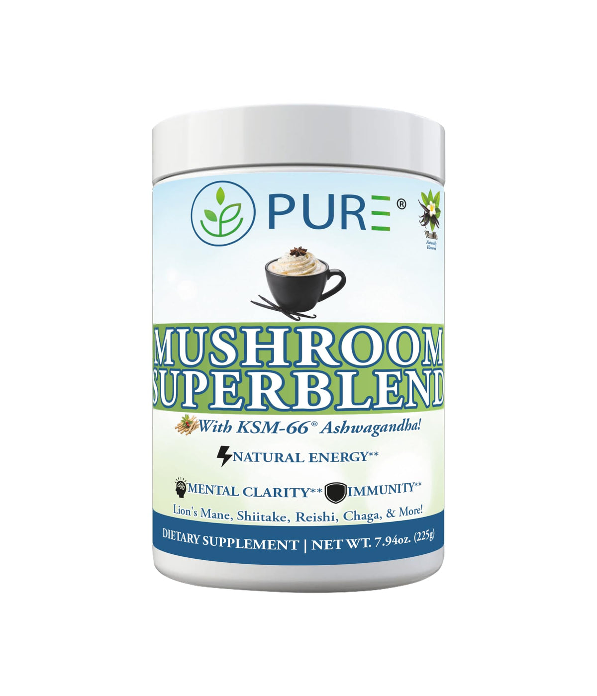 PURE® Mushroom Superblend - 30 Servings - 2000mg Lion’s Mane with KSM-66® Ashwagandha & Organic Cacao - Caffeine-Free Focus, Memory & Stress Relief Morning Ritual - Made in USA