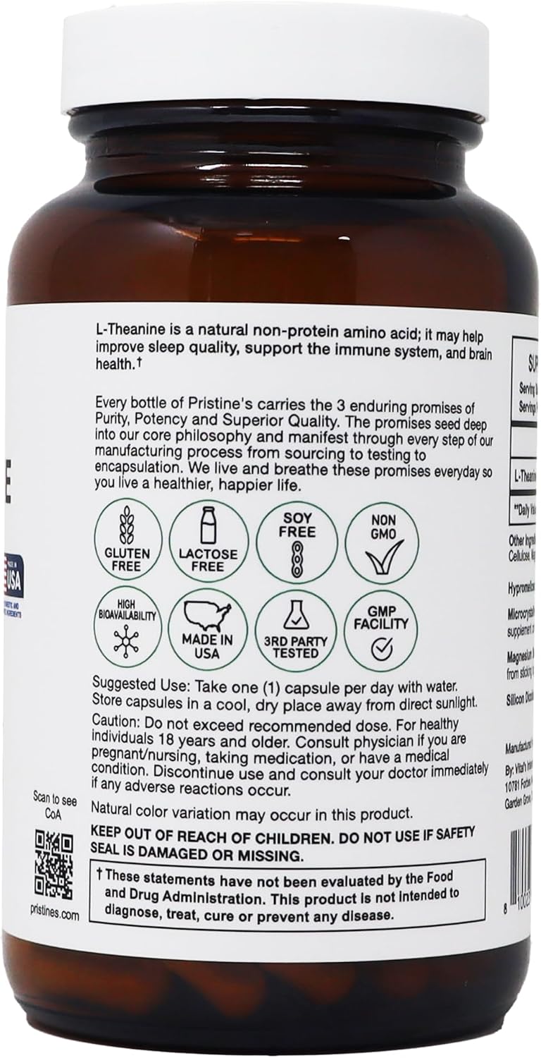 PRISTINE'S L-Theanine 200mg Capsules Sleep & Relaxation, Vegan, 150 Count | Calm focus, sleep and relaxation support without caffeine or stimulants. 150 count, vegan, non-GMO, gluten-free glass bottle