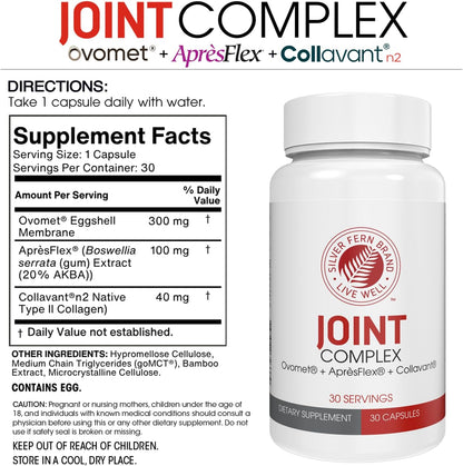 Silver Fern Joint Complex Daily Joint Support 30 Capsules, 30-Day Supply | AprèsFlex Boswellia, Ovomet Eggshell Membrane & Type II Collagen